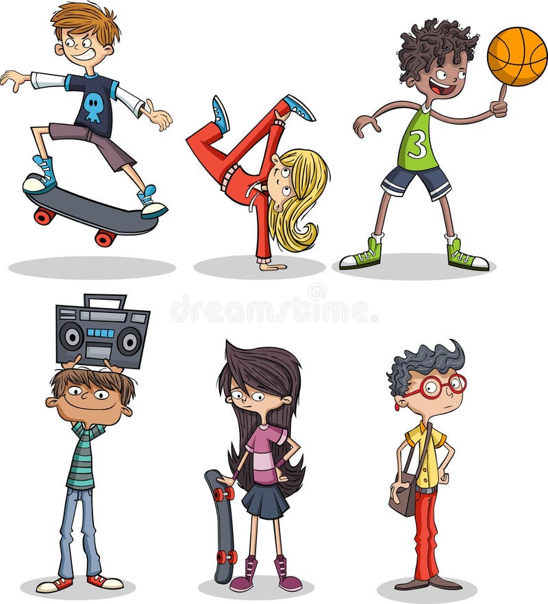 Group of cartoon young people talking