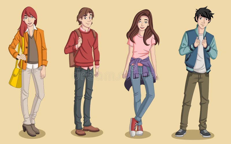 Group of cartoon young people. royalty free illustration