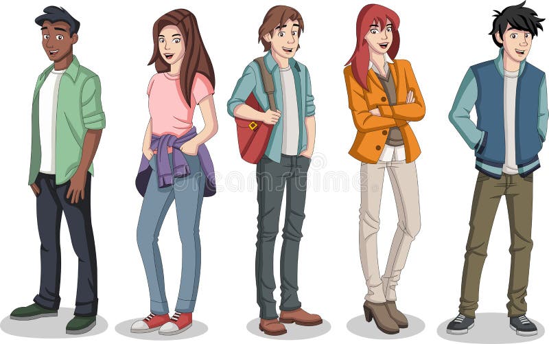 Group of cartoon young people. vector illustration