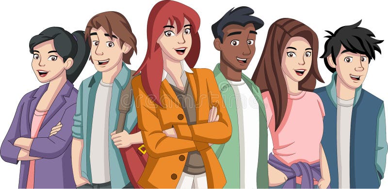 Group of cartoon young people. royalty free illustration