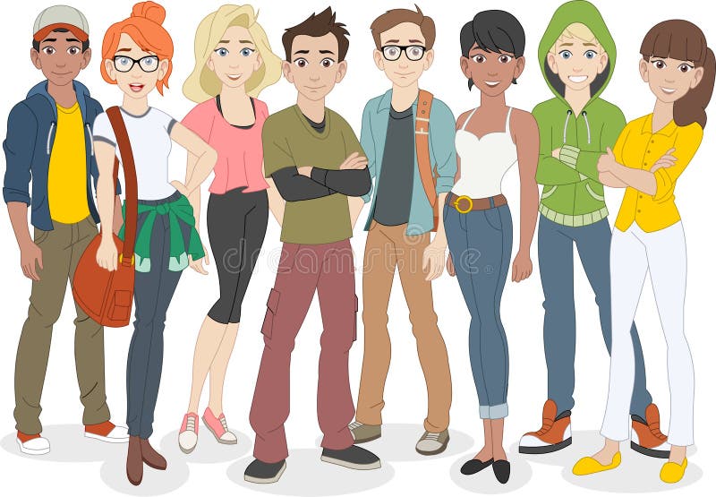Group of Cartoon Young People. Teenagers. Stock Vector - Illustration