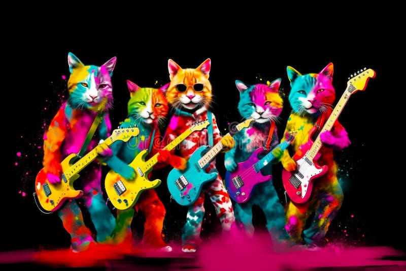 Group of Cats that are Standing in the Air with Guitars in Their Hands