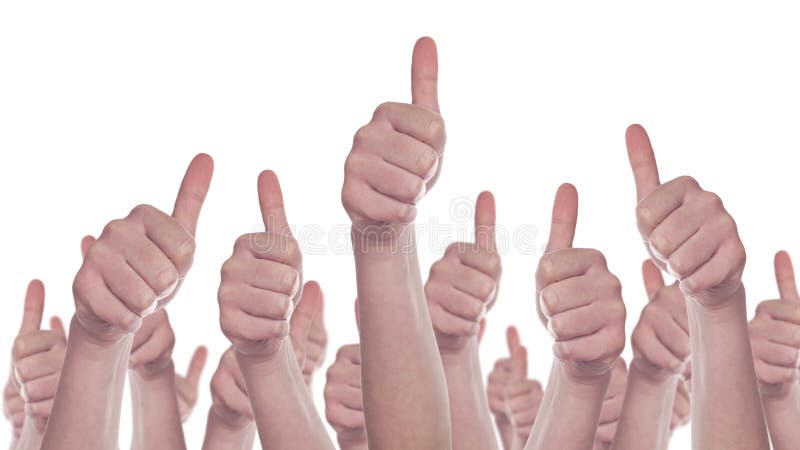 Group of Caucasian white People making Hand Thumbs Up sign as Like, Approval or Endorsement Concept