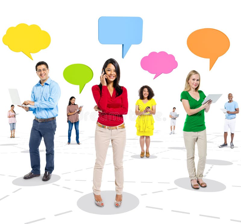 Group of Cheerful People Using Digital Devices with Speech Bubbles