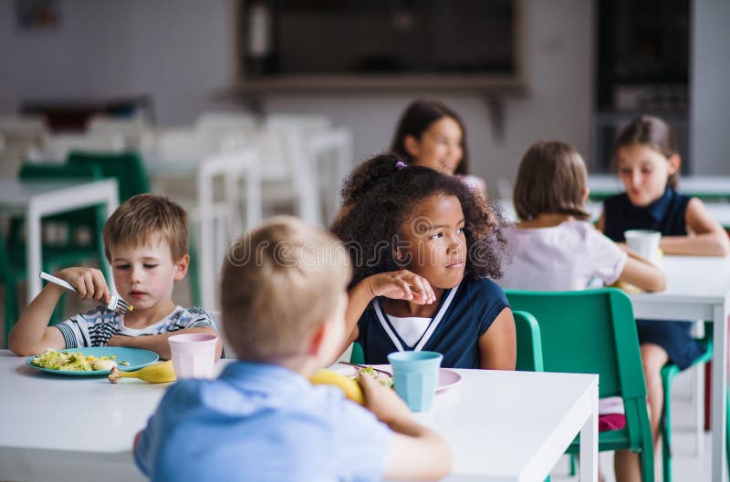 A Group of Cheerful Small School Kids in Canteen, Eating Lunch. Stock Image  - Image of boys, eating: 164933059