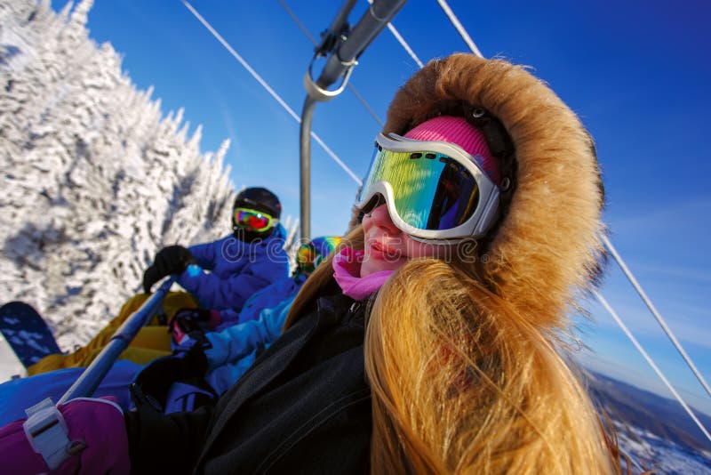 Group cheerful snowboarders stock photo