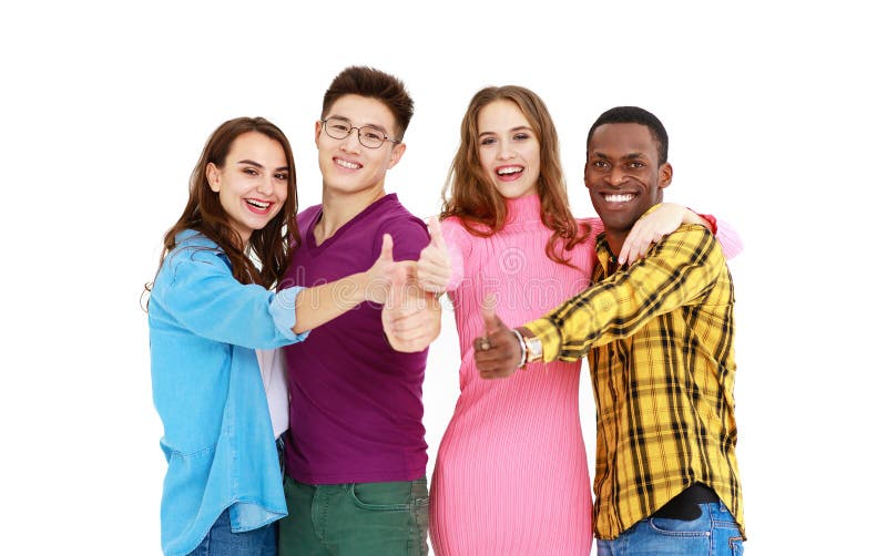 Group of cheerful young people men and women isolated on white background