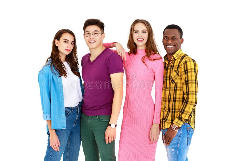 Group of cheerful young people men and women isolated on white background