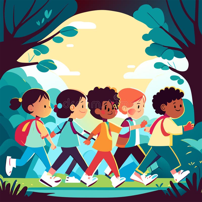 Group of Children with Backpacks Walking in the Park. Generative AI