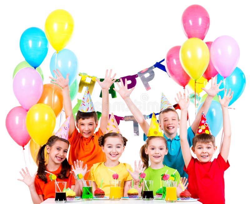 Group of children at the birthday party with raised hands. Group of children in colorful shirts at the birthday party with raised hands - isolated on a white royalty free stock photo Group of children at the birthday party with raised hands. Group of children in colorful shirts at the birthday party with raised hands - isolated on a white royalty free stock photo