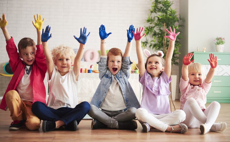 Group of kids with colorful, painted hands royalty free stock photos Group of kids with colorful, painted hands royalty free stock photos
