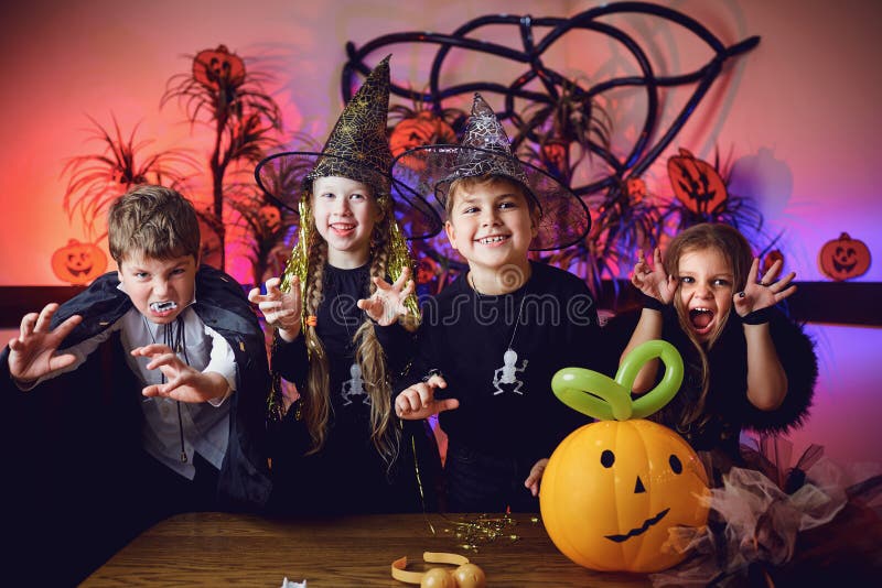 A group of children in costumes on a Halloween holiday royalty free stock images A group of children in costumes on a Halloween holiday royalty free stock images