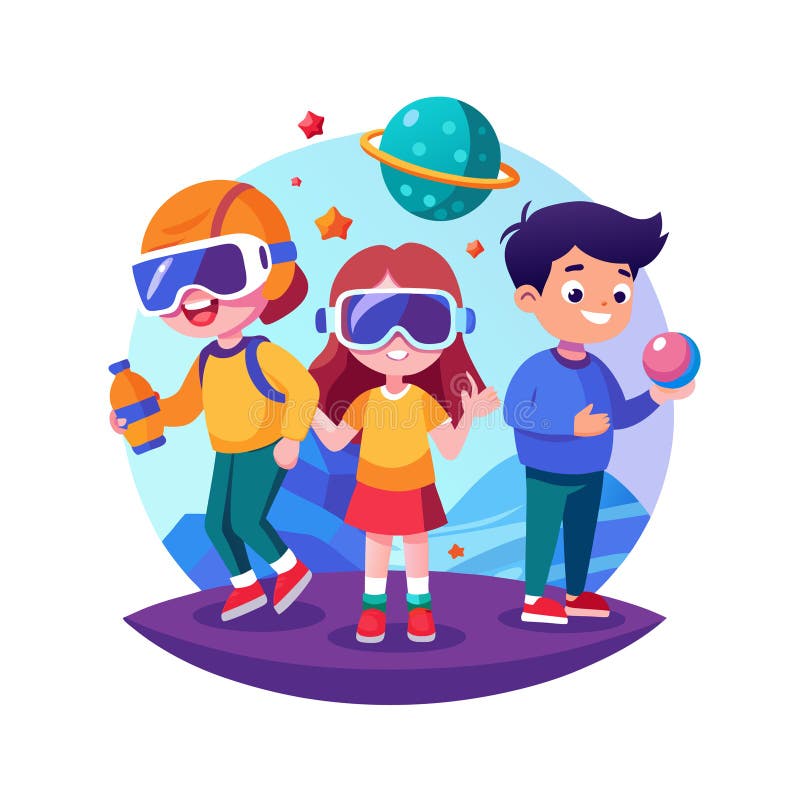 Kids Exploring Virtual Reality Space, Children in VR Headsets, Future Technology royalty free illustration