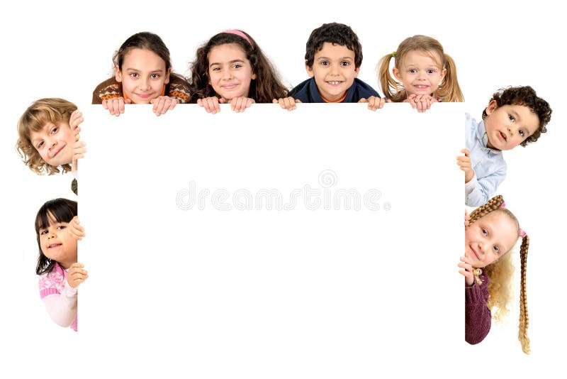 Group of children with a white board isolated in white