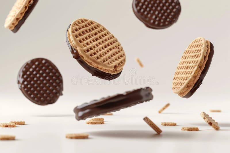 A group of chocolate-covered waffles in mid-air, possibly for a party or celebration royalty free stock photo