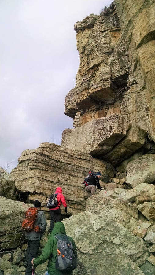 Hikers ascend cliff trail Mohonk Preserve royalty free stock photo Hikers ascend cliff trail Mohonk Preserve royalty free stock photo