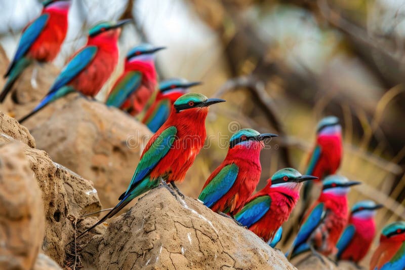 Group of colorful birds perched on a rock, suitable for nature themes royalty free stock photography