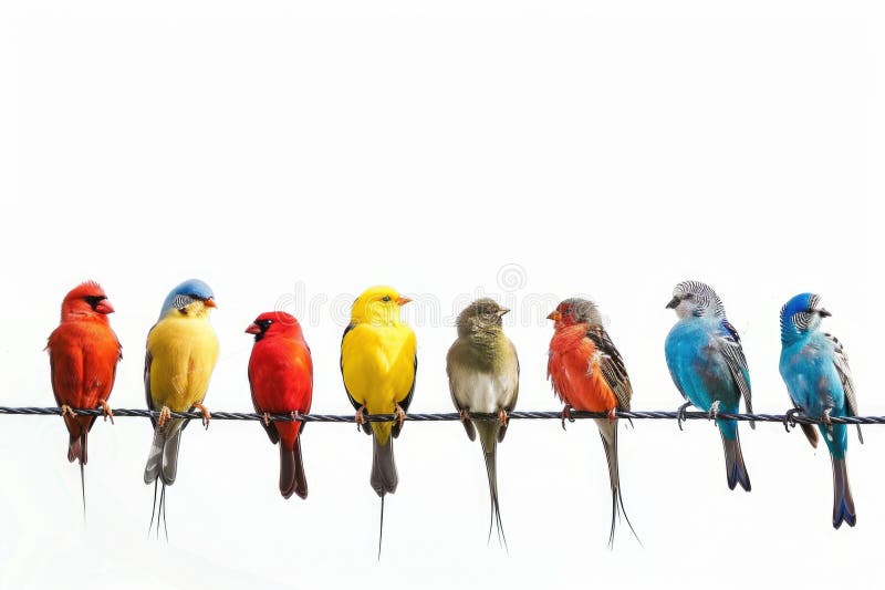 Group of colorful birds perched on a wire, suitable for various design projects stock photo
