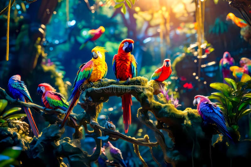 Grup de păsări colorate care stau deasupra ramurii arborilor din pădure. ai generativ royalty free stock photography
