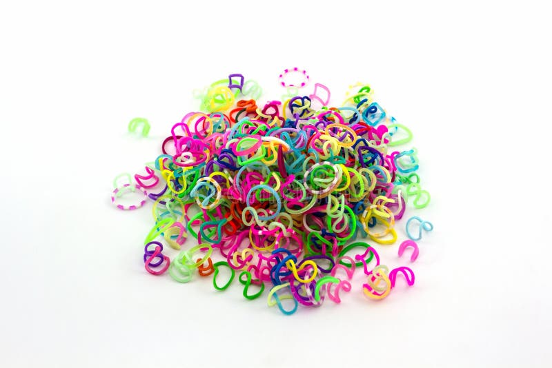 Colorful Elastic Rainbow Loom Bands in Gift Box Shaped Heart. Stock