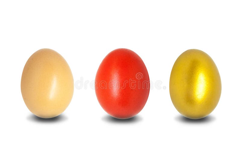 Group of Colorful Fresh Eggs Isolated on White Background. Stock Photo