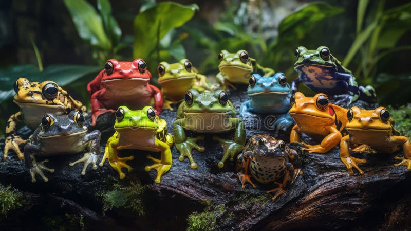Group of Colorful Frogs on Mossy Log vector illustration