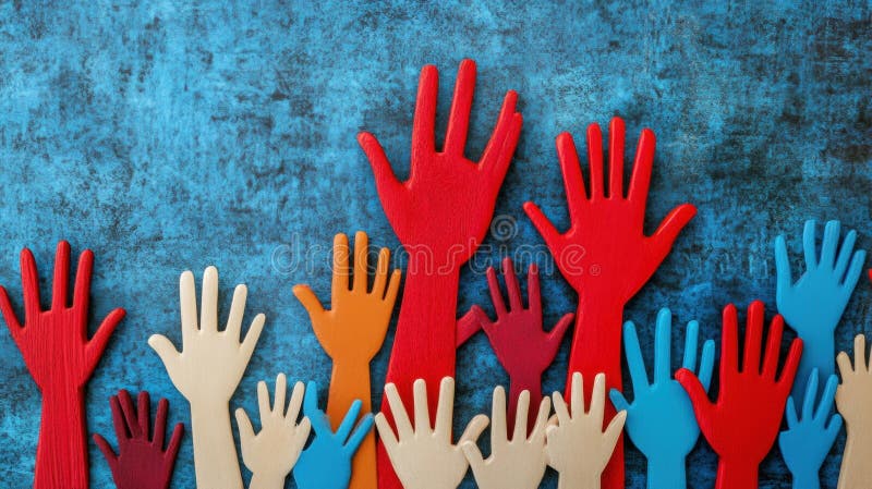 A group of colorful hands reaching up vector illustration
