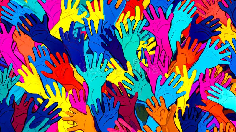 Grup de mâini colorate care ajung în aer să se atingă unul de celălalt. ai generativ stock photo