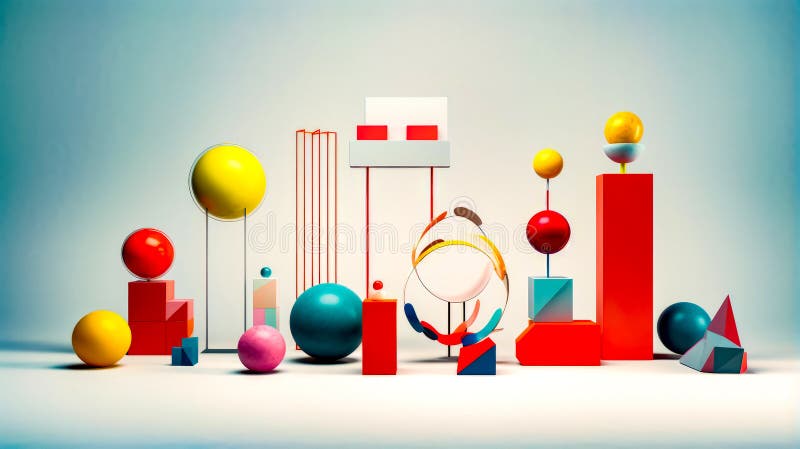 Grup de obiecte colorate care stau deasupra podelei albe unul lângă celălalt. ai generativ stock photo