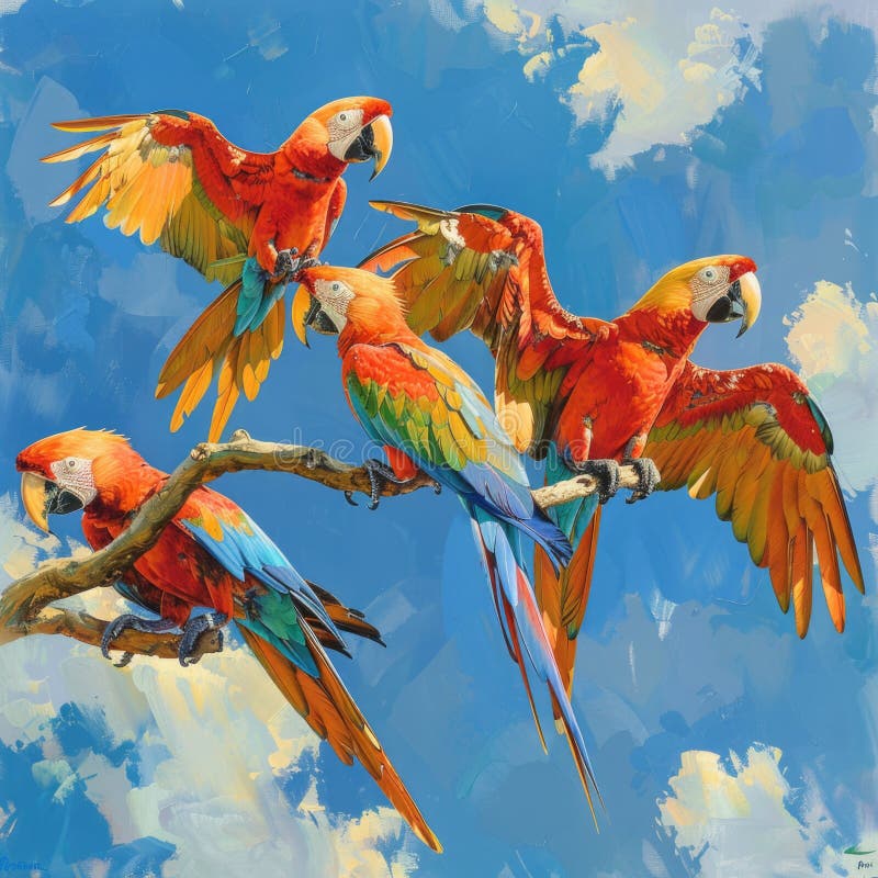 Group of colorful parrots perched on a branch, natural habitat stock photo