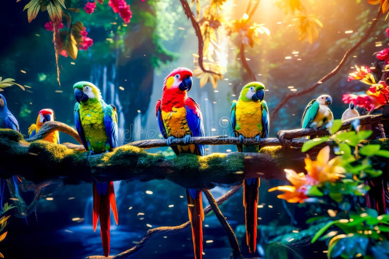 Grup de papagali colorați care stau pe o ramură în fața pădurii. ai generativ stock photography