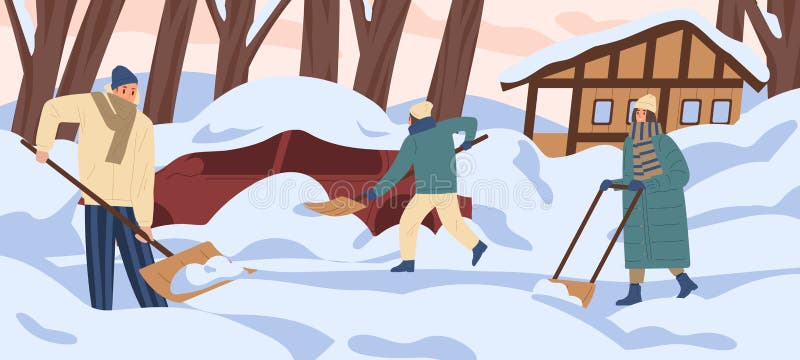 Group of colorful people remove snow at yard vector flat illustration. Active man and woman work outdoors together