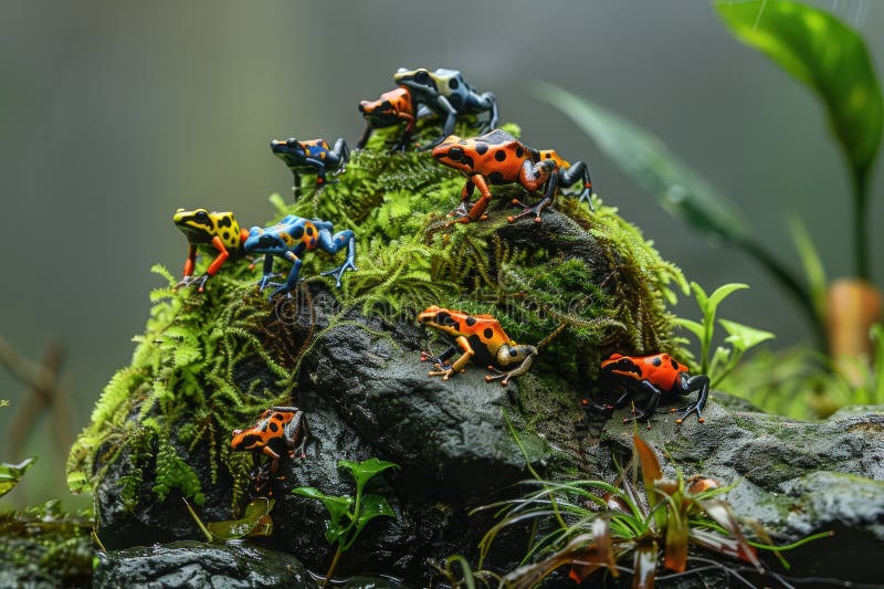 Group of colorful poison dart frogs on mossy rock showing unity royalty free illustration