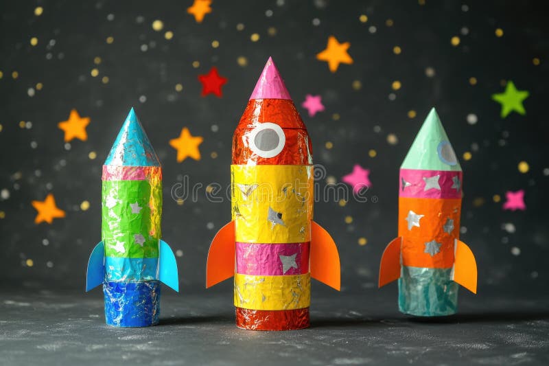 Group of colorful rockets sitting together vector illustration