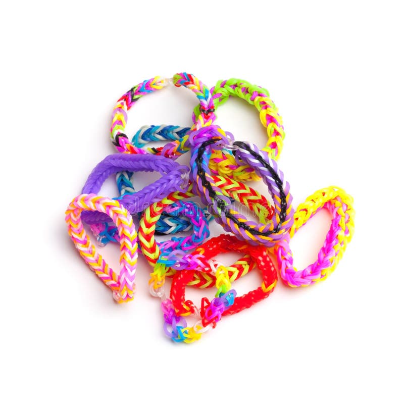 Group Of Colorful Rubber Band Bracelets Isolated On White Stock Photo