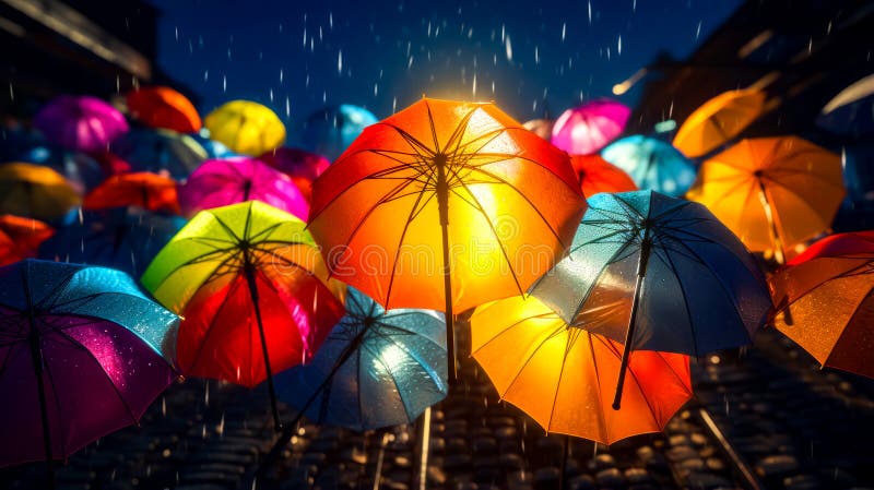 Grup de umbrele colorate care stau unul lângă celălalt pe stradă. ai generativ stock illustration
