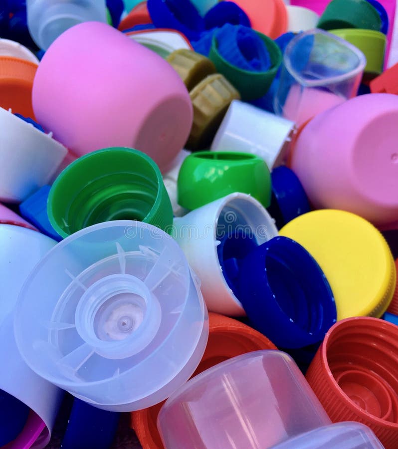 Group of Colorful and Used Plastic Cover for Recycling Stock Photo