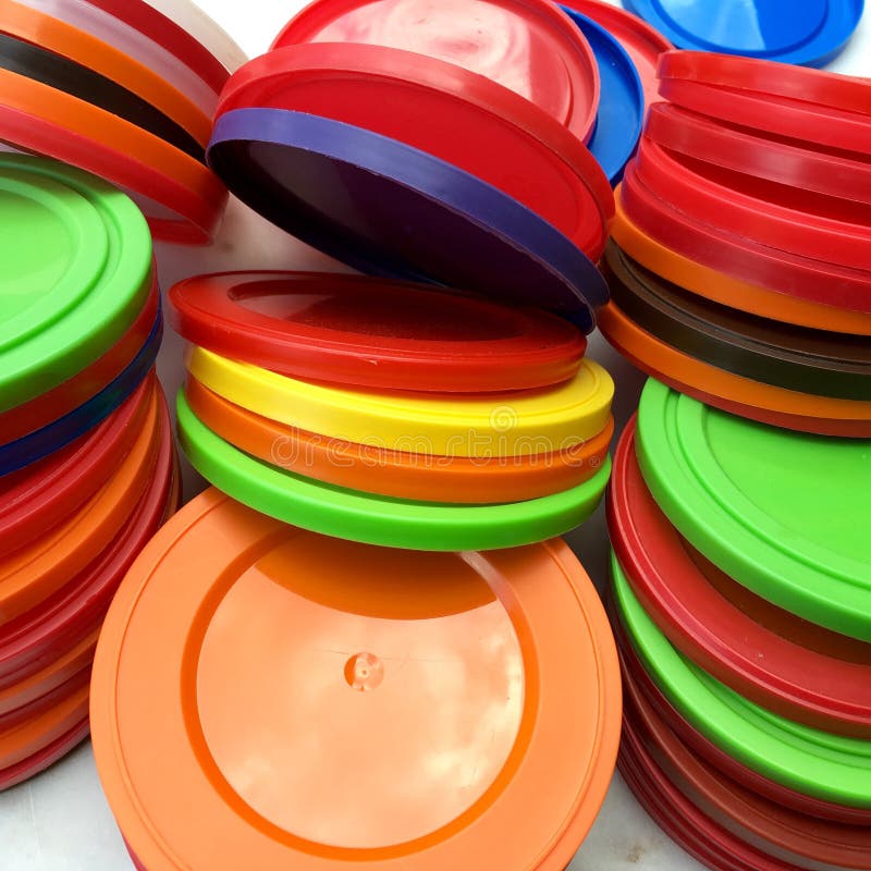 Group of Colorful and Used Plastic Cover for Recycling Stock Photo