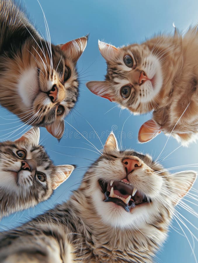 Group of cute funny crazy cats low angle royalty free stock photos