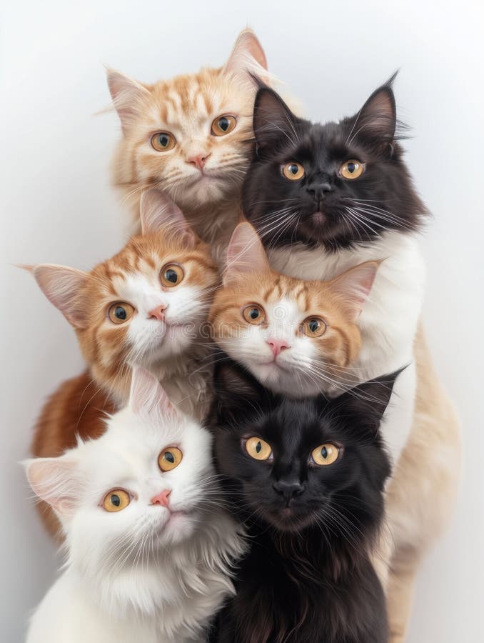 Group of cute funny crazy cats stacking on white background royalty free stock photo