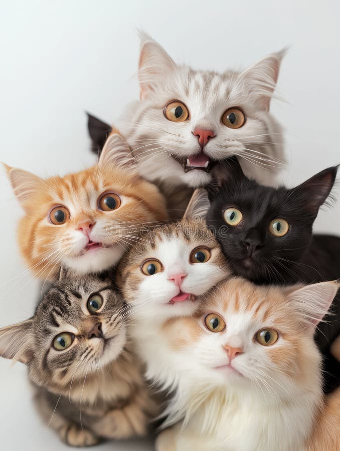 Group of cute funny crazy cats on white background royalty free stock image