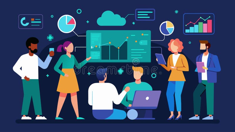 A group of data scientists using advanced algorithms and predictive models to determine user preferences and viewing royalty free illustration