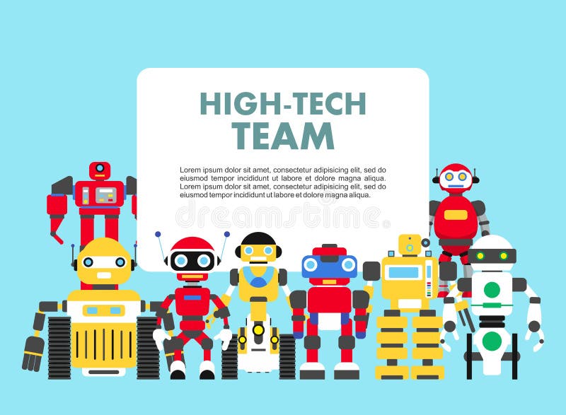 Group of different abstract robots standing together on blue background in flat style. High-tech team concept. Flat royalty free illustration