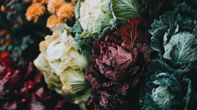 A group of different cabbage types, including red and green, arranged neatly AI generated