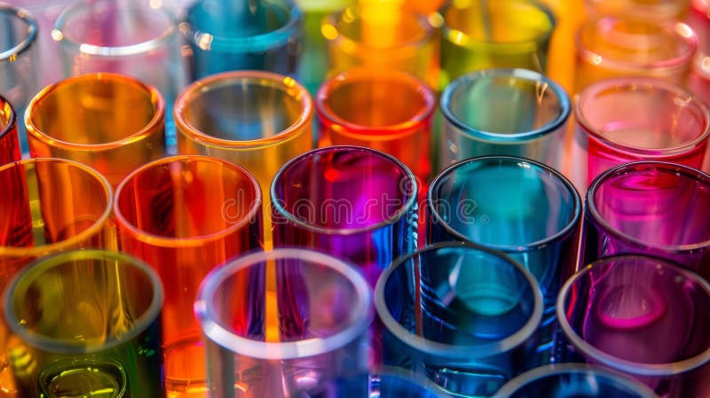 A group of different colored glasses stacked on top of each other, creating a vibrant and decorative display. stock illustration