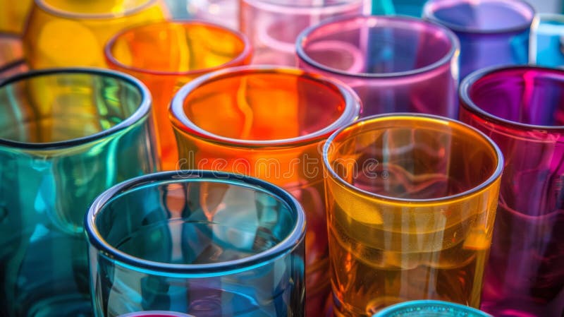 A group of different colored glasses stacked on top of each other, creating a vibrant and decorative display. royalty free illustration