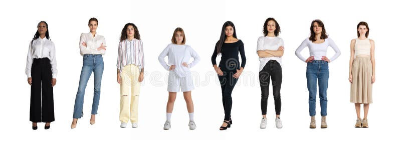 Group of different, multi ethnic people, men and women standing isolated over white background, Horizontal flyer, banner royalty free stock images