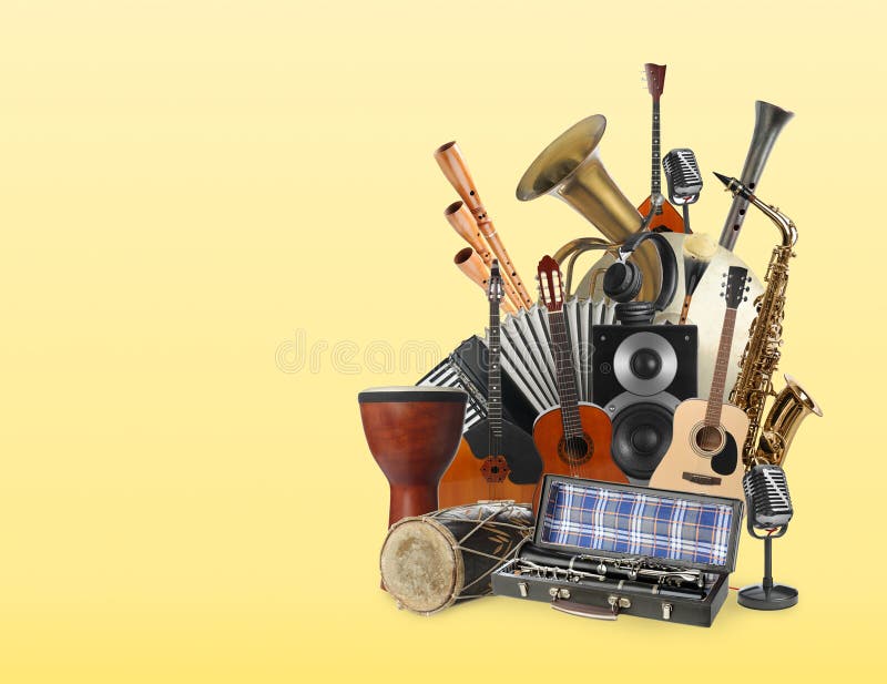 Stack pile collage of various musical instruments in shopping cart