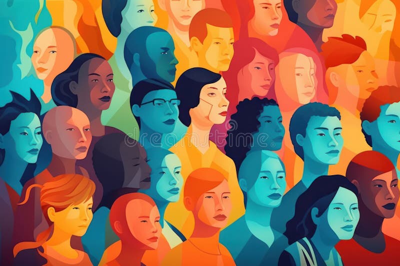 Group of divergent people over rainbow background. Community of diverse and multi-ethnic people. Acceptance and tolerance for vector illustration