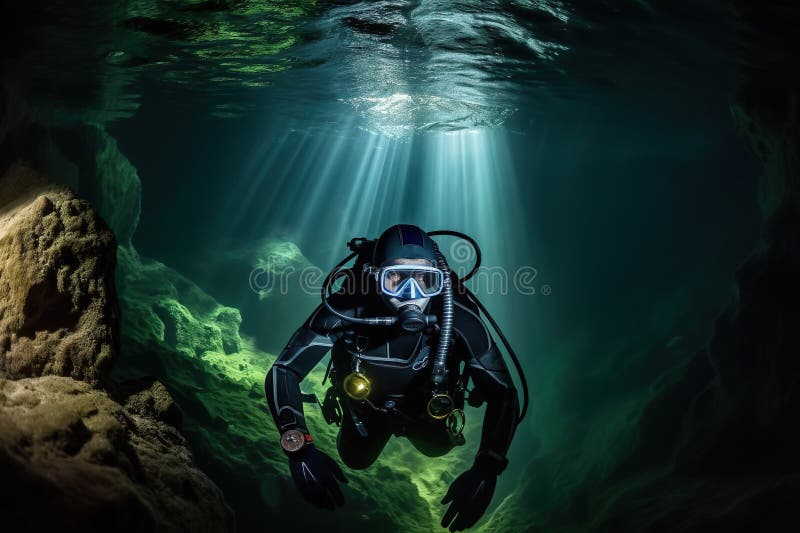A Group of Divers Exploring an Underwater Cave System. the Water Should 